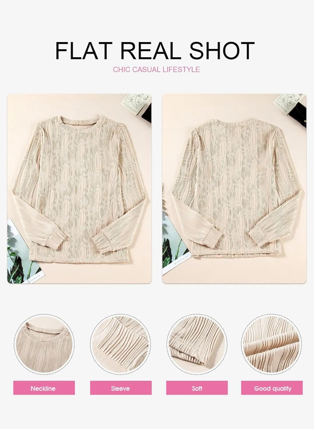 EVALESS Womens Tops Trendy Dressy Casual Long Sleeve Crewneck Basic T Shirts Solid Loose Textured Blouses Outfits