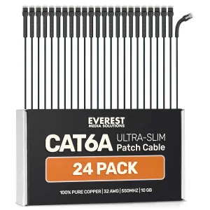 Everest Ultra Slim Cat6a Ethernet Patch Cables 15ft (24-Pack) Black - 10GB Cat 6a Patch Cable - Bendable, Flexible & Thin Ethernet Cable - Space Saving 32AWG 550MHZ Cat6a Cables - 100% Copper Wires
