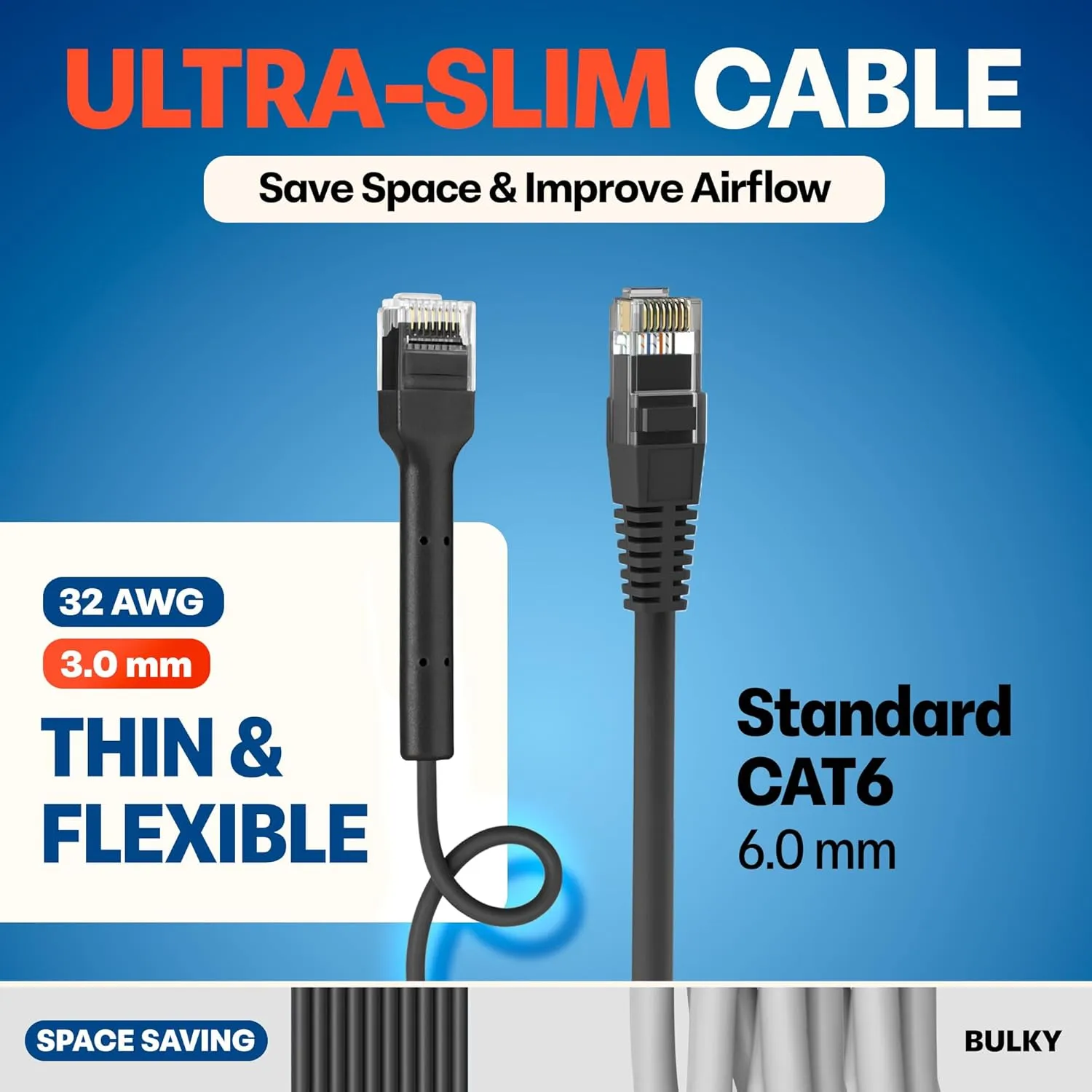 Everest Ultra Slim Cat6a Ethernet Patch Cables 15ft (24-Pack) Black - 10GB Cat 6a Patch Cable - Bendable, Flexible & Thin Ethernet Cable - Space Saving 32AWG 550MHZ Cat6a Cables - 100% Copper Wires