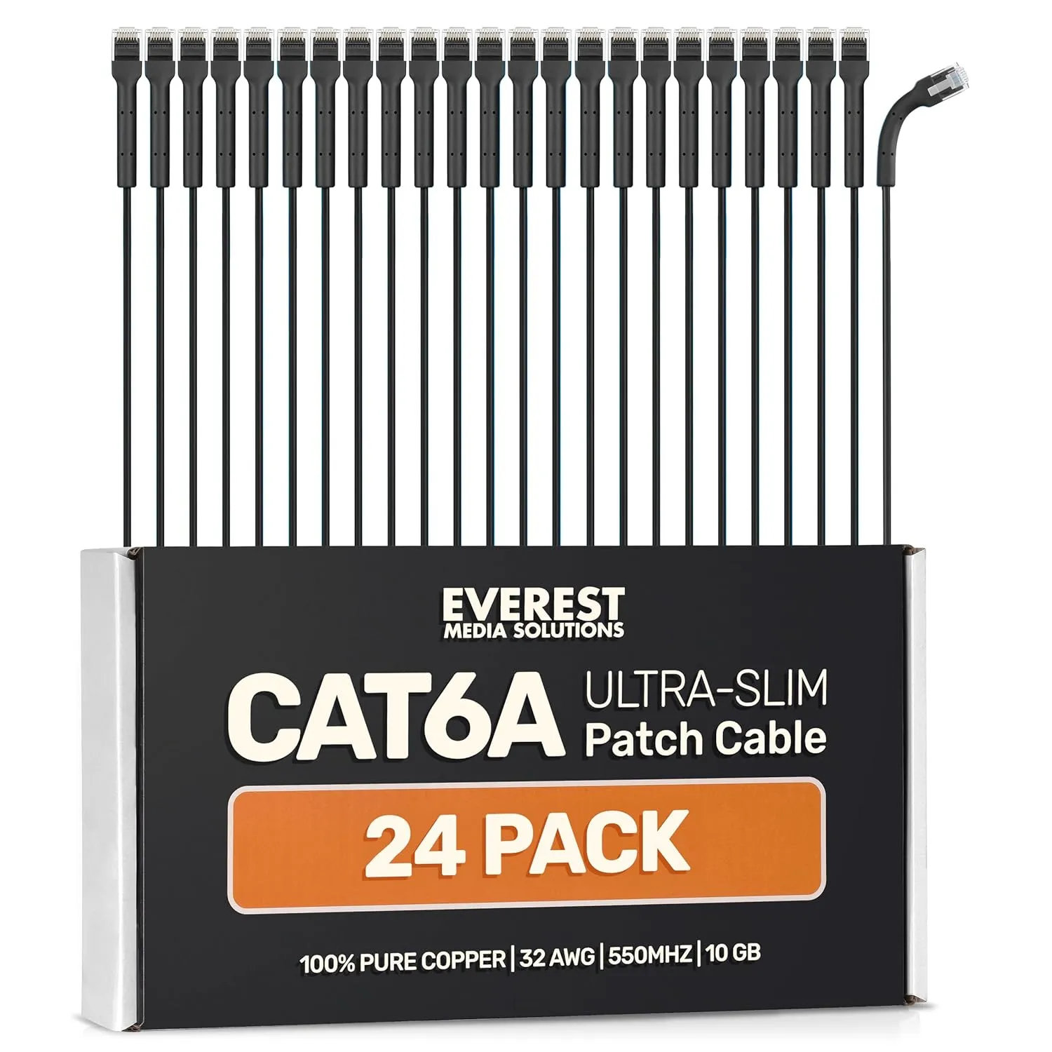 Everest Ultra Slim Cat6a Ethernet Patch Cables 1ft (24-Pack) Black - 10GB Cat 6a Patch Cable - Bendable, Flexible & Thin Ethernet Cable - Space Saving 32AWG 550MHZ Cat6a Cables - 100% Copper Wires