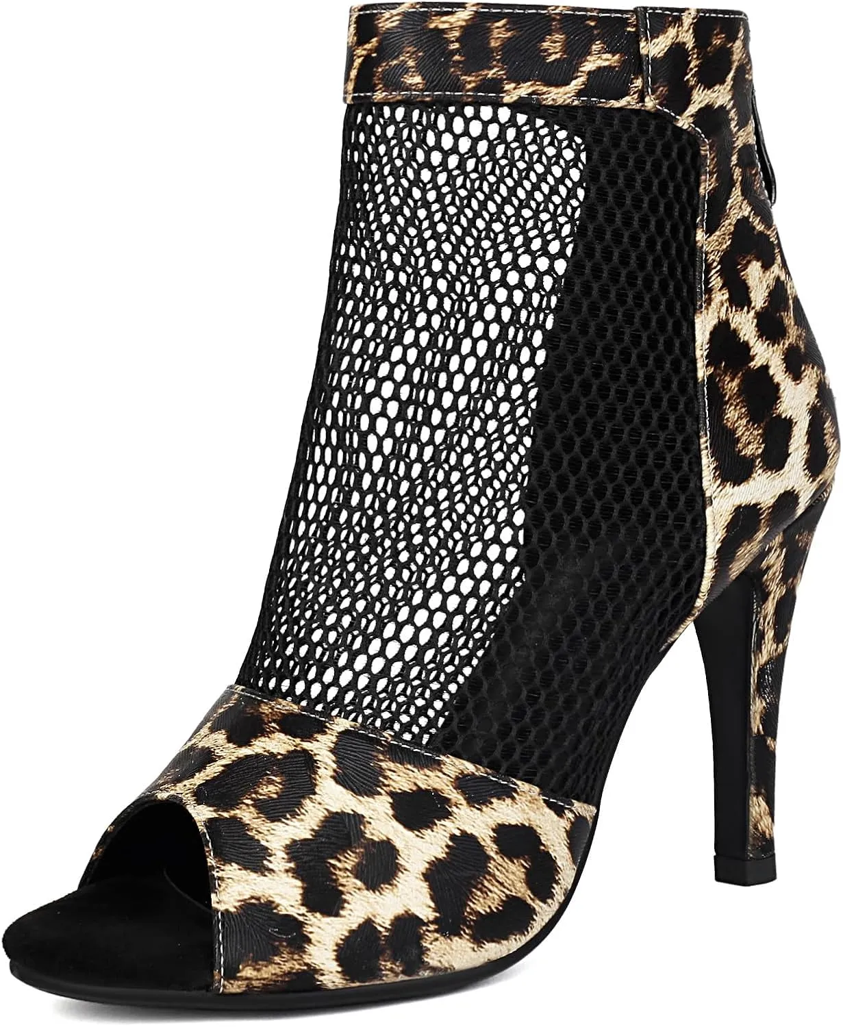 Fashion Peep Toe Mesh Air Snakeskin Booties Women Gladiator Summer Booties Open Toe Leopard Ankle Boots Stiletto High Heeled Dance Wedding Party Sandals