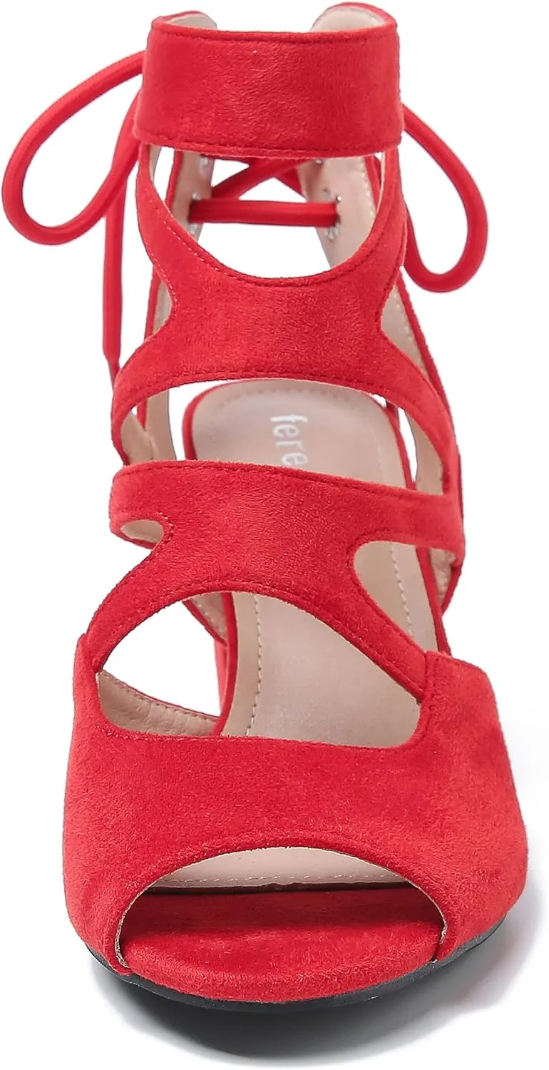 fereshte Womens Gladiator Sandals Strappy Lace Up Hollow Out Chunky High Heels
