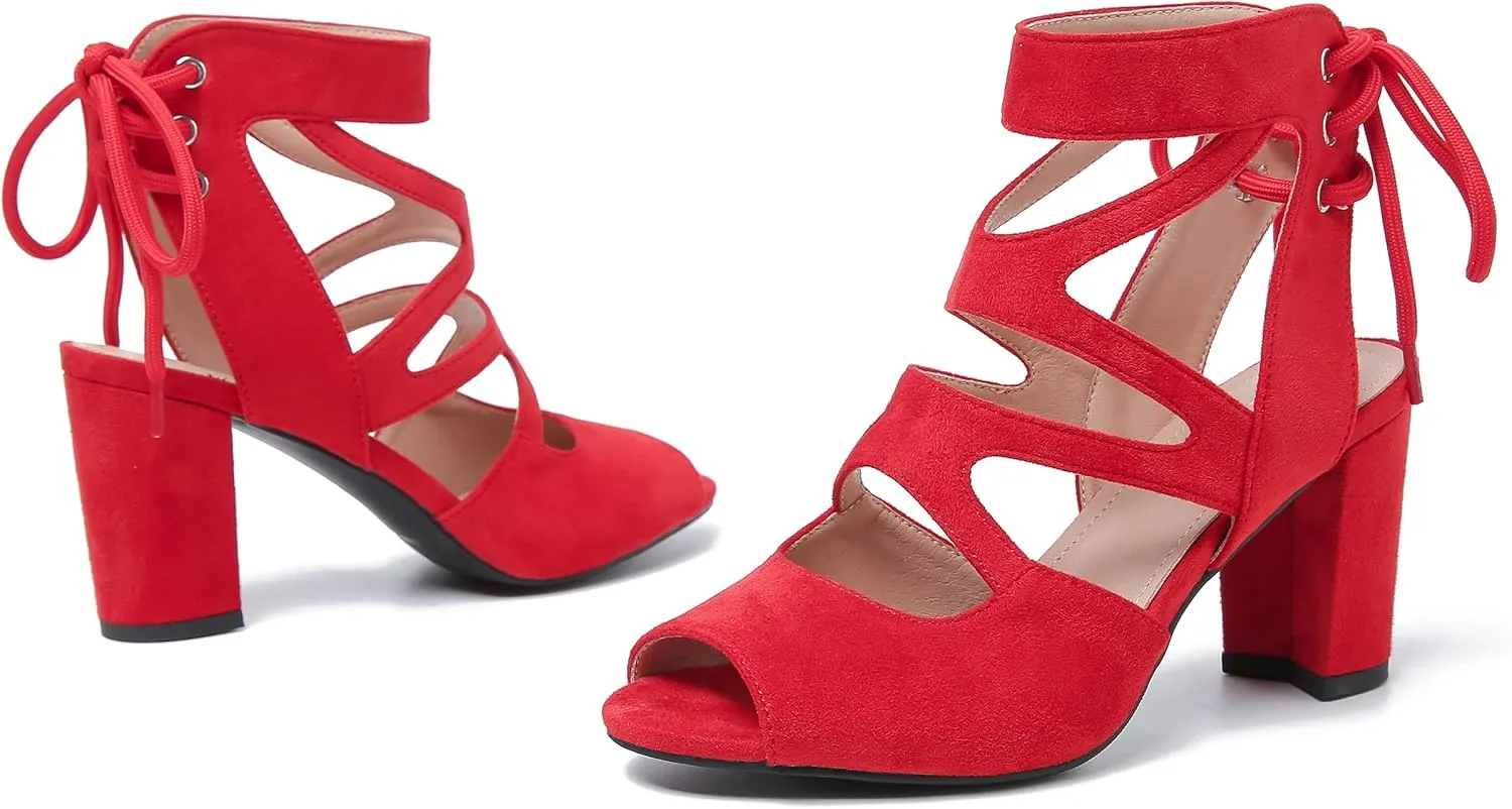 fereshte Womens Gladiator Sandals Strappy Lace Up Hollow Out Chunky High Heels