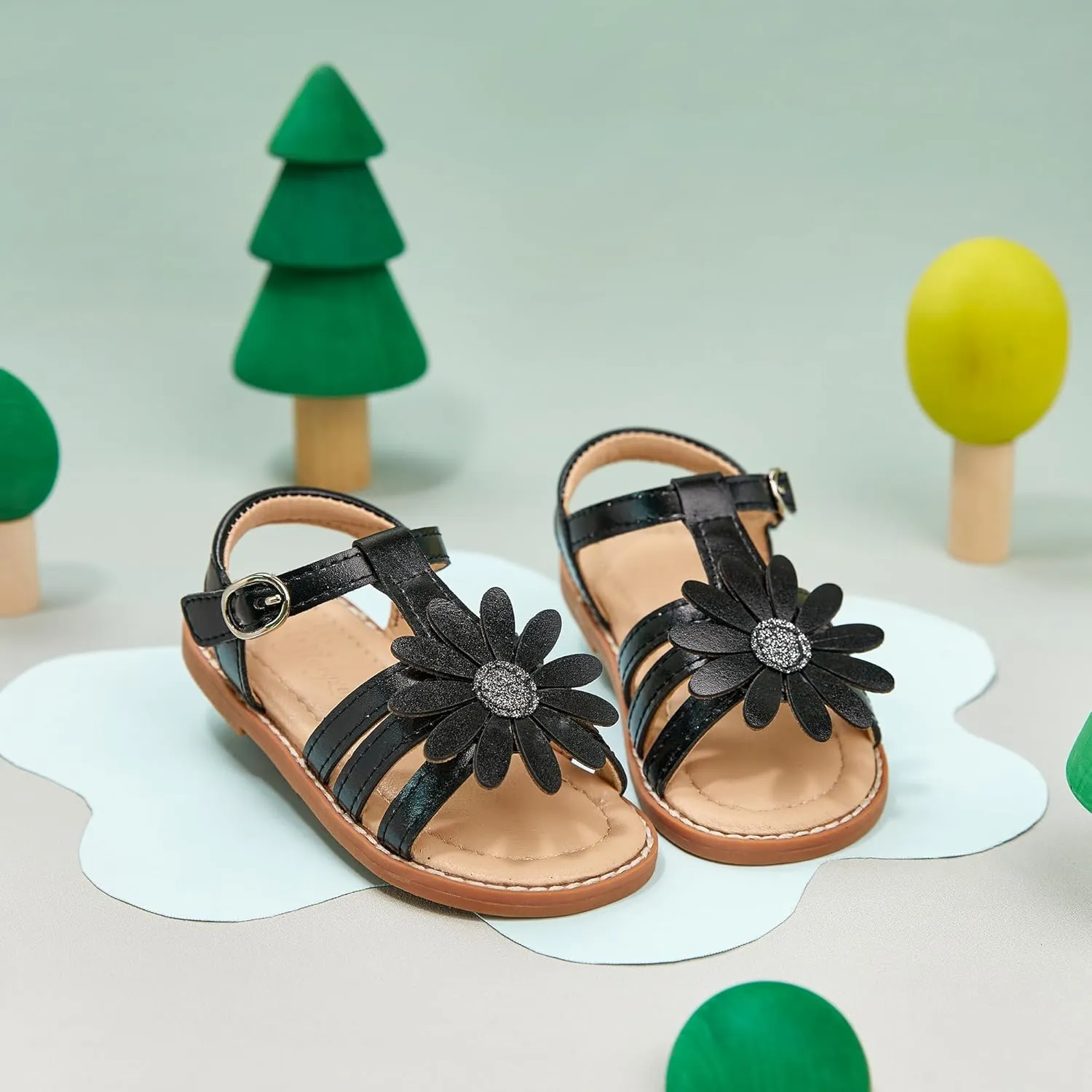 Flaryzone Toddler Little Girls Glitter Flower Open-Toe Flat Dress Sandals Summer Shoes