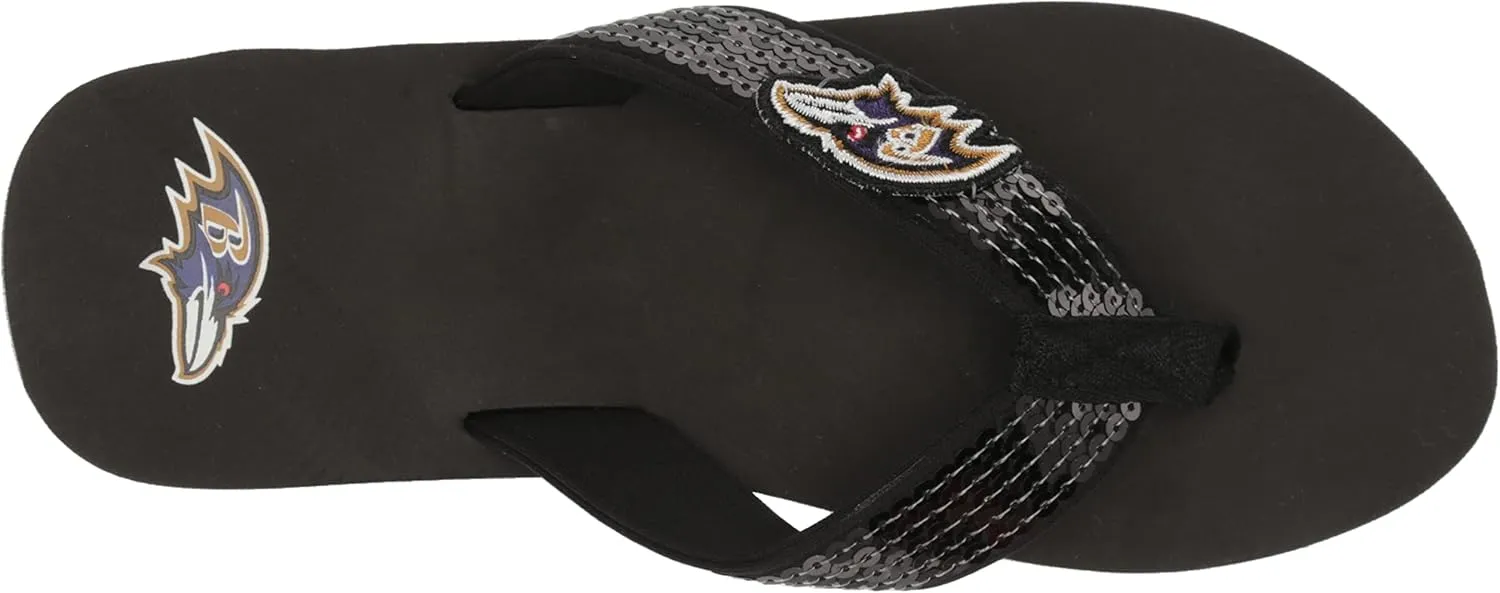 FOCO Womens NFL Team Logo Sequin Strap Sandals Flip Flops