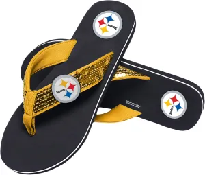 FOCO Womens NFL Team Logo Sequin Strap Sandals Flip Flops