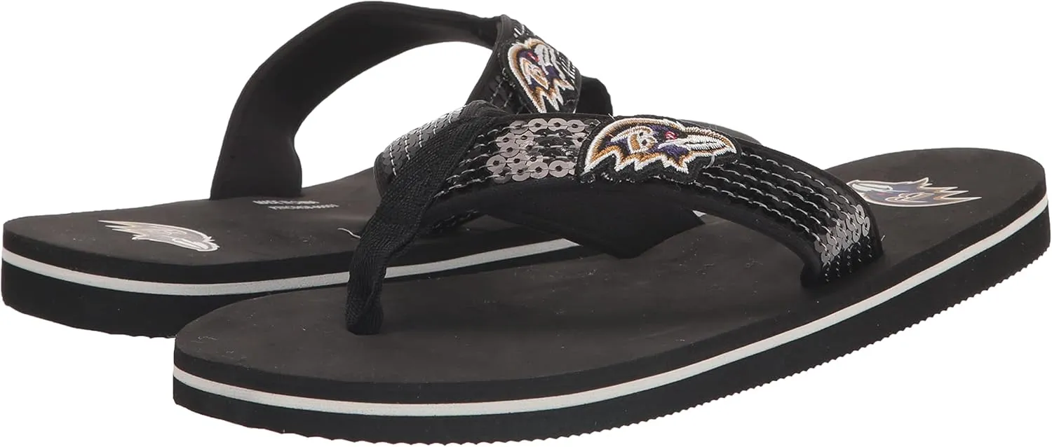 FOCO Womens NFL Team Logo Sequin Strap Sandals Flip Flops