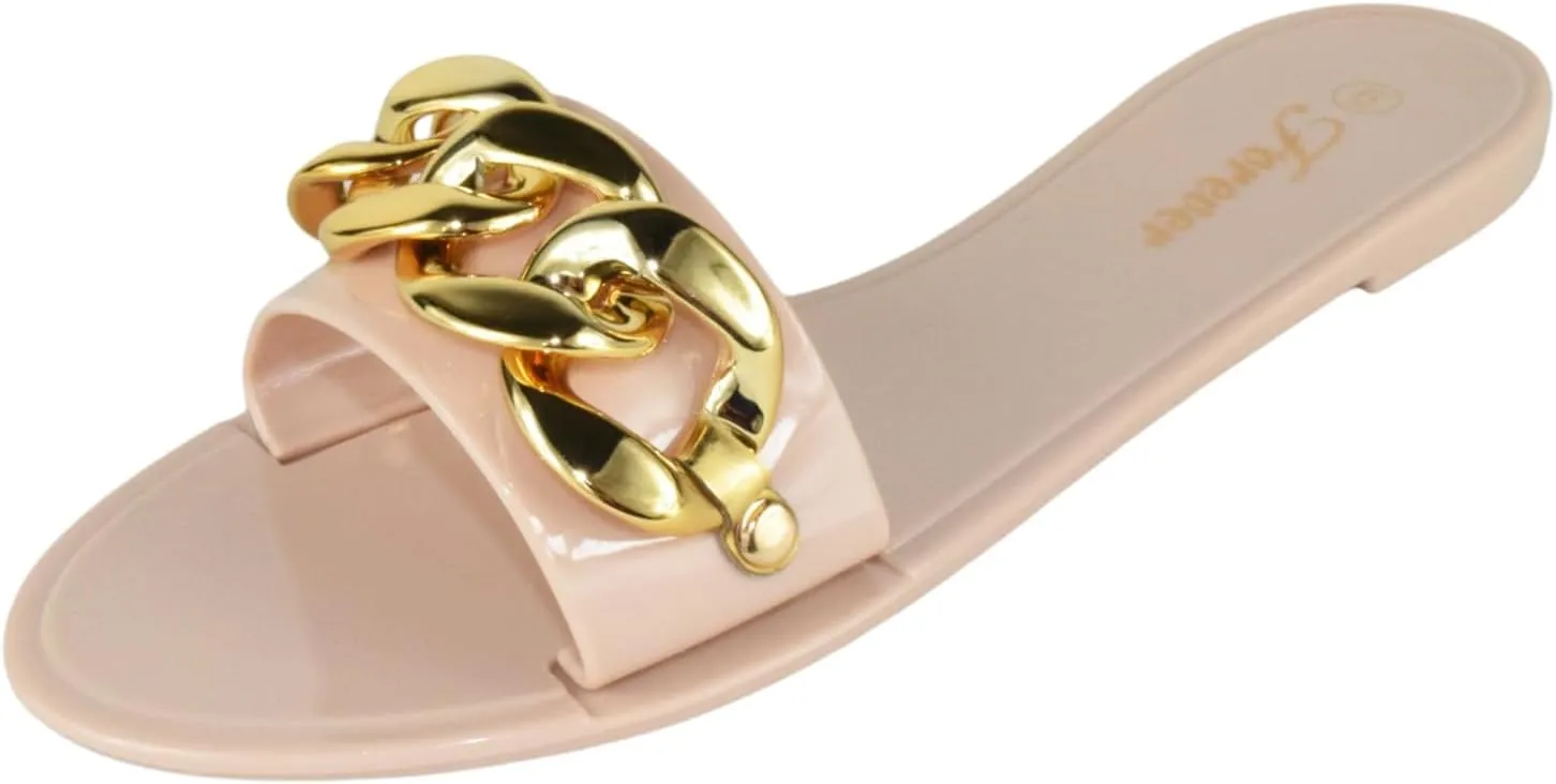 Forever Shoe Women Jelly Flip-Flops Sandals Open Toe Slides Gold Buckle Jelly-82