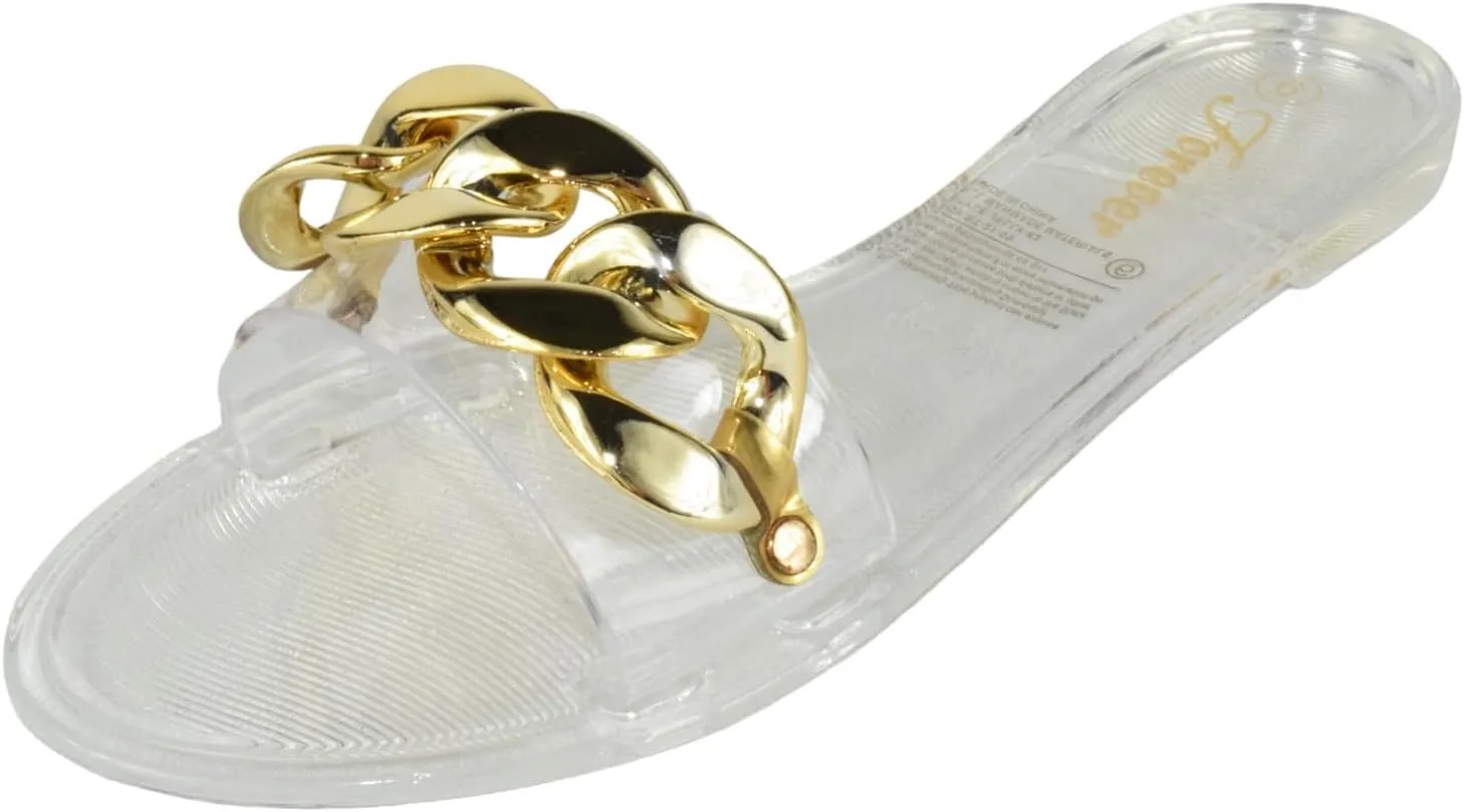 Forever Shoe Women Jelly Flip-Flops Sandals Open Toe Slides Gold Buckle Jelly-82