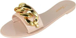 Forever Shoe Women Jelly Flip-Flops Sandals Open Toe Slides Gold Buckle Jelly-82
