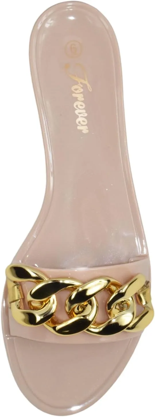 Forever Shoe Women Jelly Flip-Flops Sandals Open Toe Slides Gold Buckle Jelly-82