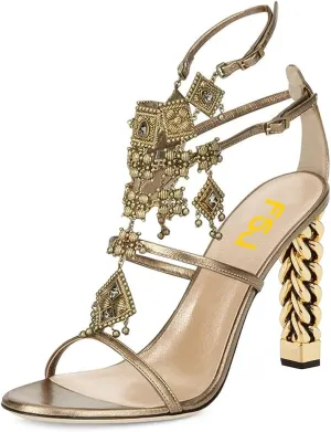 FSJ Women Gold Metal Chain Thick High Heel Sandals Open Toe Strappy Ankle Buckle Strap Slingback Comfy Summer Dress Pumps Gold Bell Size 4-15 US