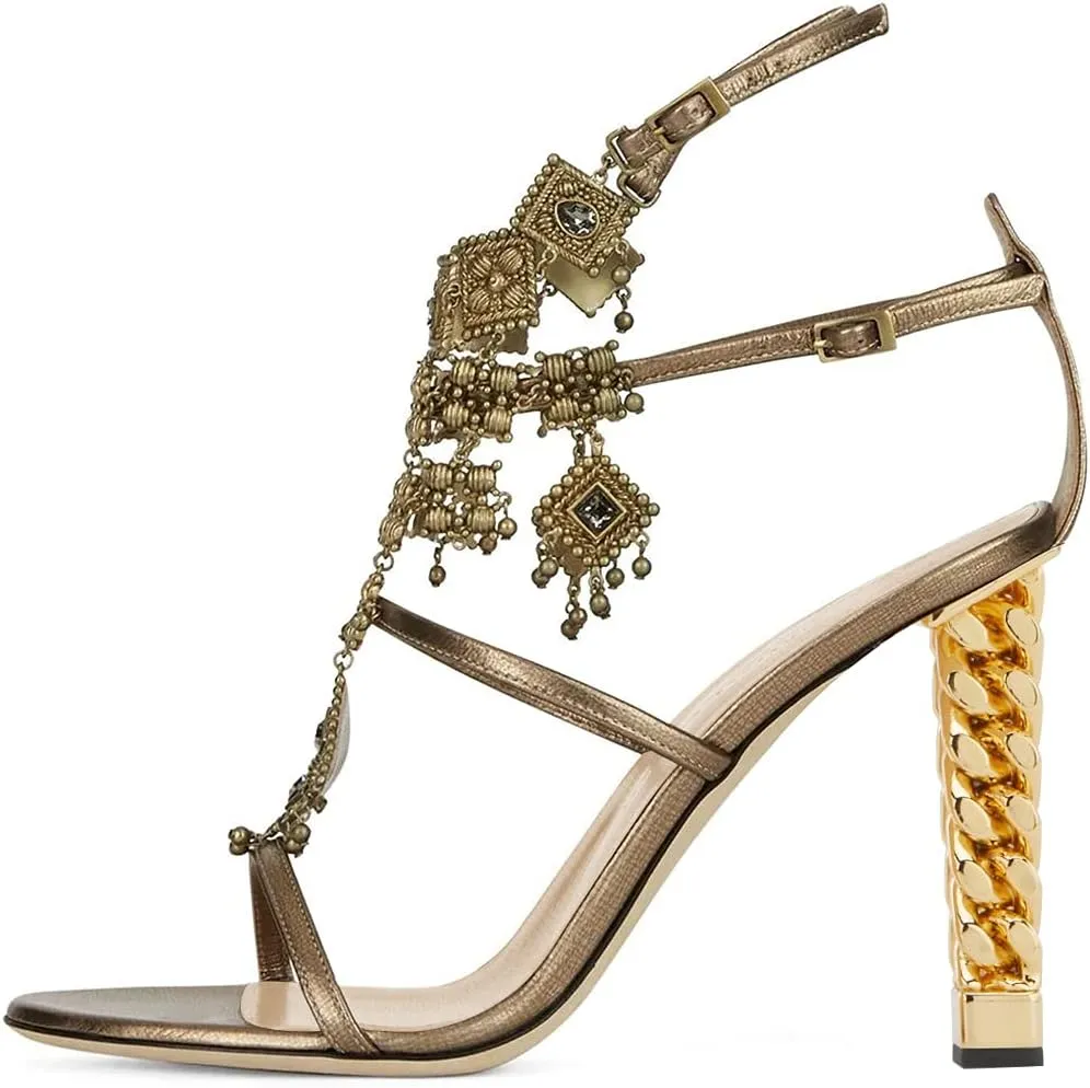 FSJ Women Gold Metal Chain Thick High Heel Sandals Open Toe Strappy Ankle Buckle Strap Slingback Comfy Summer Dress Pumps Gold Bell Size 4-15 US
