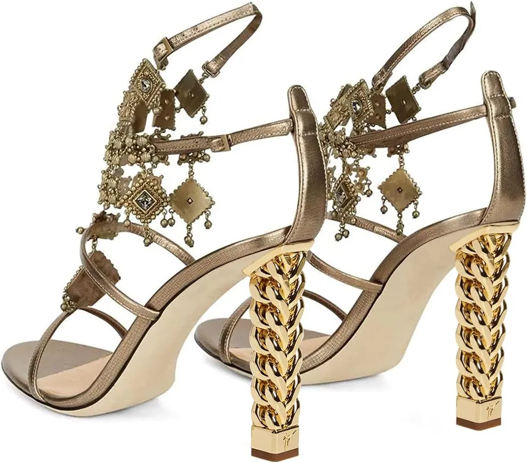 FSJ Women Gold Metal Chain Thick High Heel Sandals Open Toe Strappy Ankle Buckle Strap Slingback Comfy Summer Dress Pumps Gold Bell Size 4-15 US