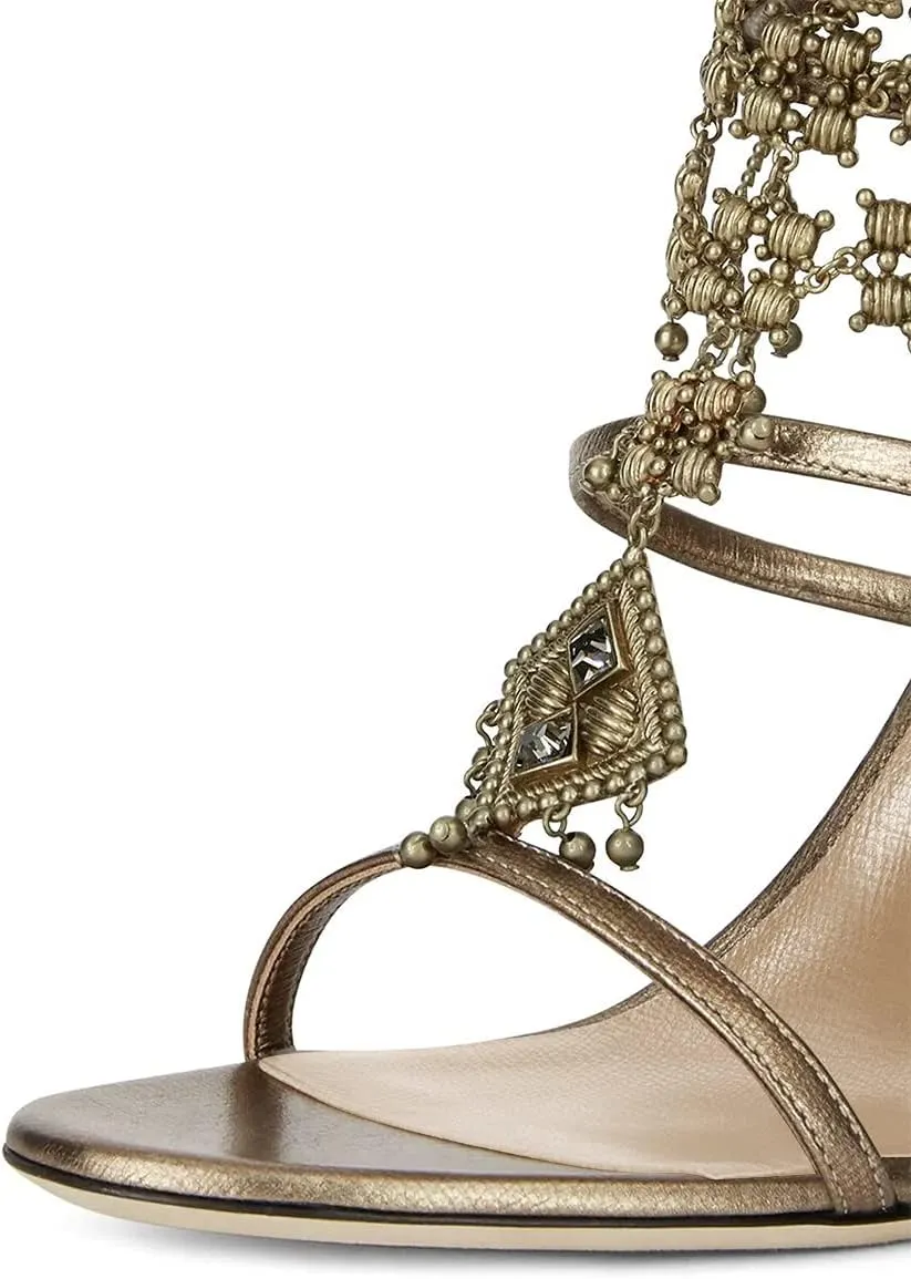 FSJ Women Gold Metal Chain Thick High Heel Sandals Open Toe Strappy Ankle Buckle Strap Slingback Comfy Summer Dress Pumps Gold Bell Size 4-15 US