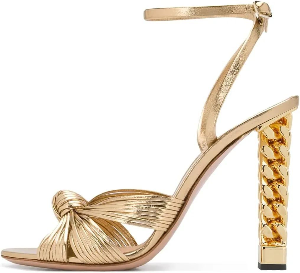 FSJ Women Gold Metal Chain Thick High Heel Sandals Open Toe Strappy Ankle Buckle Strap Slingback Comfy Summer Dress Pumps Gold Knot Size 4-15 US
