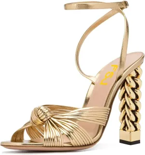 FSJ Women Gold Metal Chain Thick High Heel Sandals Open Toe Strappy Ankle Buckle Strap Slingback Comfy Summer Dress Pumps Gold Knot Size 4-15 US