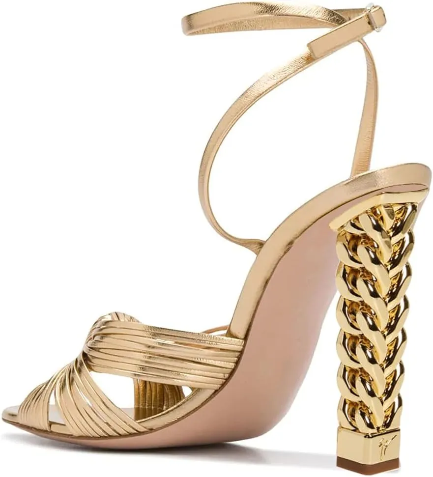 FSJ Women Gold Metal Chain Thick High Heel Sandals Open Toe Strappy Ankle Buckle Strap Slingback Comfy Summer Dress Pumps Gold Knot Size 4-15 US