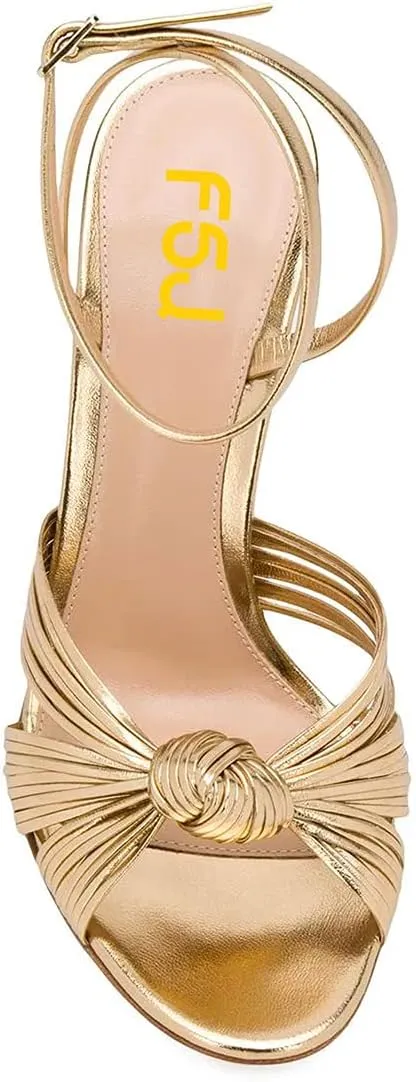 FSJ Women Gold Metal Chain Thick High Heel Sandals Open Toe Strappy Ankle Buckle Strap Slingback Comfy Summer Dress Pumps Gold Knot Size 4-15 US
