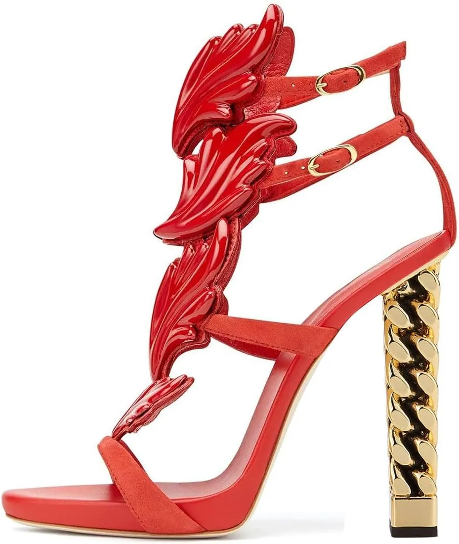 FSJ Women Gold Metal Chain Thick High Heel Sandals Open Toe Strappy Ankle Buckle Strap Slingback Ladies Summer Shoes Size 4-15 US