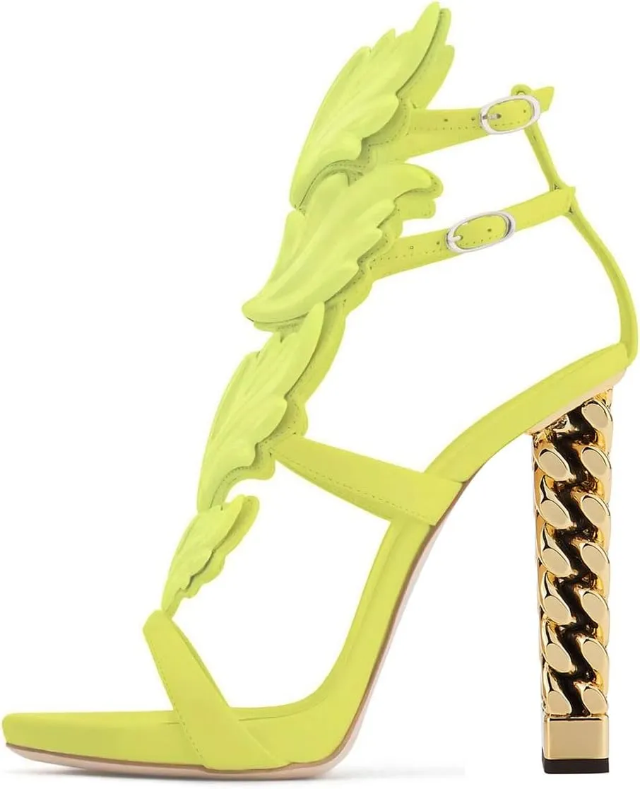 FSJ Women Gold Metal Chain Thick High Heel Sandals Open Toe Strappy Ankle Buckle Strap Slingback Ladies Summer Shoes Size 4-15 US