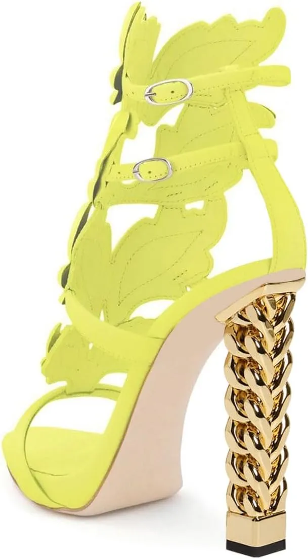 FSJ Women Gold Metal Chain Thick High Heel Sandals Open Toe Strappy Ankle Buckle Strap Slingback Ladies Summer Shoes Size 4-15 US
