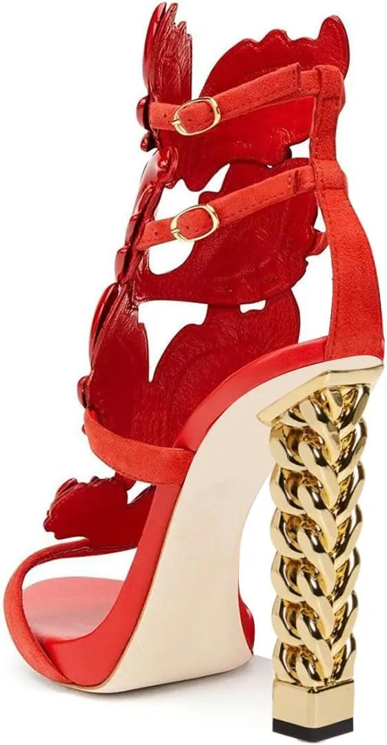 FSJ Women Gold Metal Chain Thick High Heel Sandals Open Toe Strappy Ankle Buckle Strap Slingback Ladies Summer Shoes Size 4-15 US