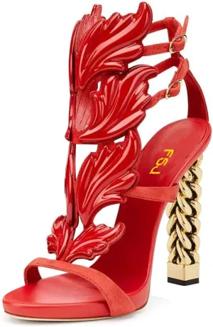FSJ Women Gold Metal Chain Thick High Heel Sandals Open Toe Strappy Ankle Buckle Strap Slingback Ladies Summer Shoes Size 4-15 US