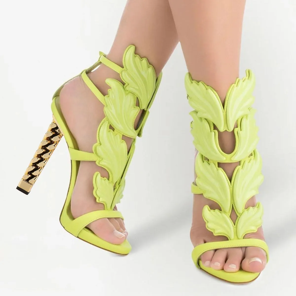 FSJ Women Gold Metal Chain Thick High Heel Sandals Open Toe Strappy Ankle Buckle Strap Slingback Ladies Summer Shoes Size 4-15 US
