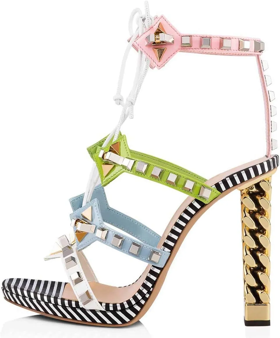 FSJ Women Gold Metal Chain Thick High Heel Sandals Open Toe Strappy Ankle Strap Studded Summer Dress Ivory Black Shoes 4-15 US