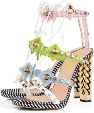 FSJ Women Gold Metal Chain Thick High Heel Sandals Open Toe Strappy Ankle Strap Studded Summer Dress Ivory Black Shoes 4-15 US