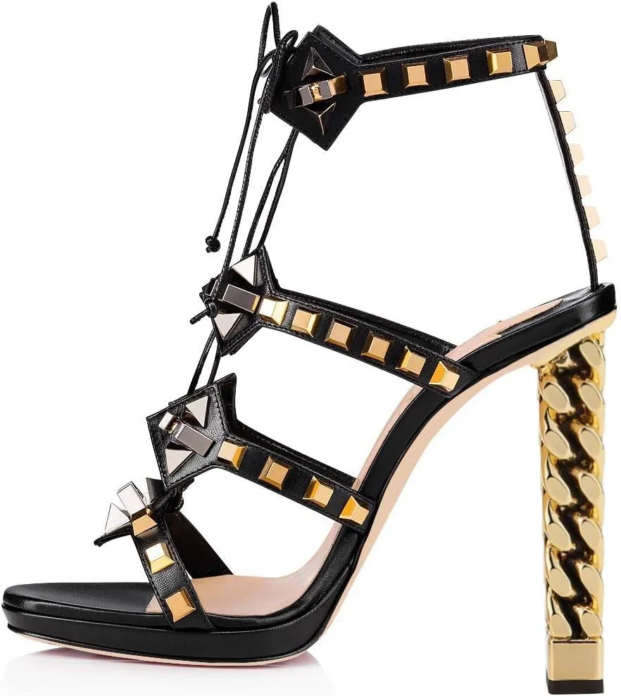 FSJ Women Gold Metal Chain Thick High Heel Sandals Open Toe Strappy Ankle Strap Studded Summer Dress Ivory Black Shoes 4-15 US