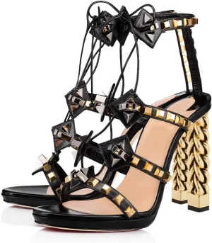 FSJ Women Gold Metal Chain Thick High Heel Sandals Open Toe Strappy Ankle Strap Studded Summer Dress Ivory Black Shoes 4-15 US