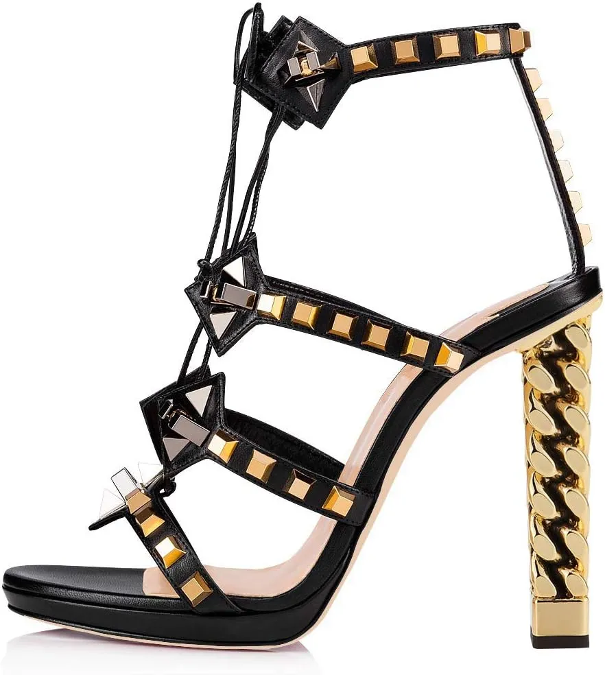 FSJ Women Gold Metal Chain Thick High Heel Sandals Open Toe Strappy Ankle Strap Studded Summer Dress Ivory Black Shoes 4-15 US