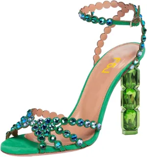 FSJ Women Jeweled High Heel Sandals Rhinestones Diamonds Chunky Block Heel Ankle Strap Buckle Open Toe Fashion Party Evening Wedding Dress Shoes Size 4-15 US