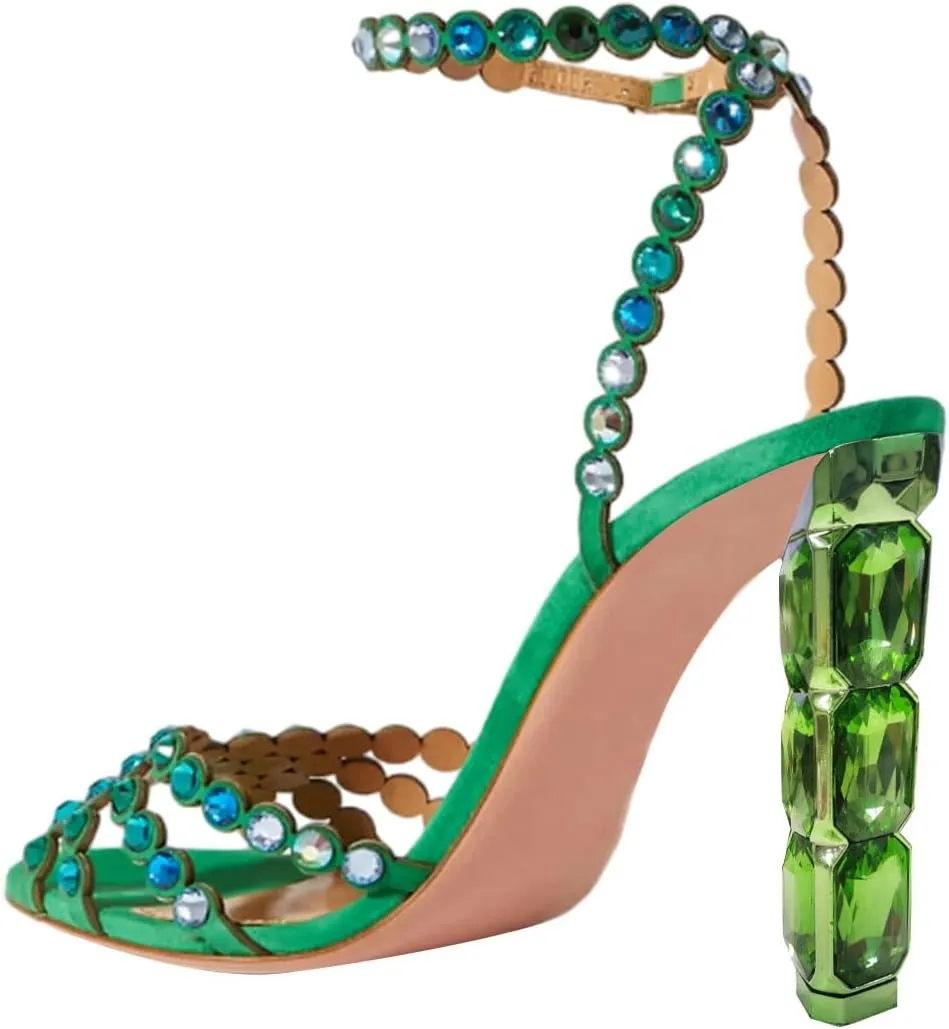 FSJ Women Jeweled High Heel Sandals Rhinestones Diamonds Chunky Block Heel Ankle Strap Buckle Open Toe Fashion Party Evening Wedding Dress Shoes Size 4-15 US