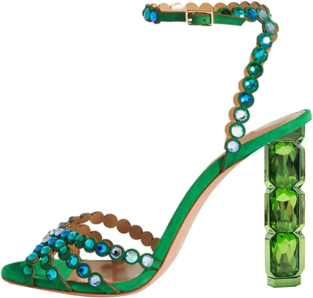 FSJ Women Jeweled High Heel Sandals Rhinestones Diamonds Chunky Block Heel Ankle Strap Buckle Open Toe Fashion Party Evening Wedding Dress Shoes Size 4-15 US