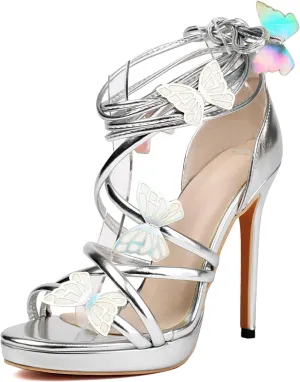Gicoiz Women Lace Up Gladiator Stiletto Heels Butterfly Sandals