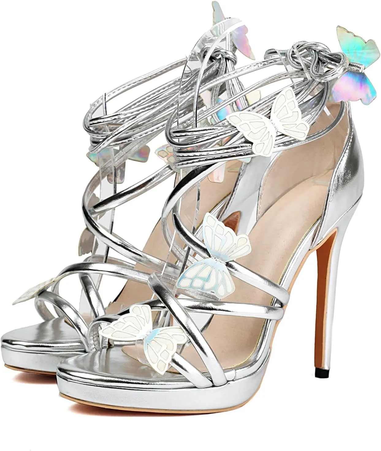 Gicoiz Women Lace Up Gladiator Stiletto Heels Butterfly Sandals