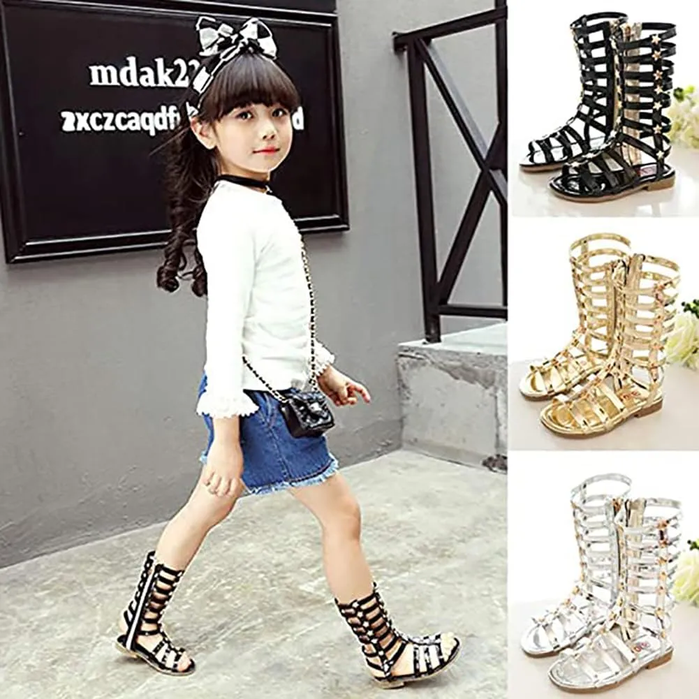 Girls Rivet Gladiator Sandals Summer Princess Dress Strappy Flats Zip Up Boots Shoes