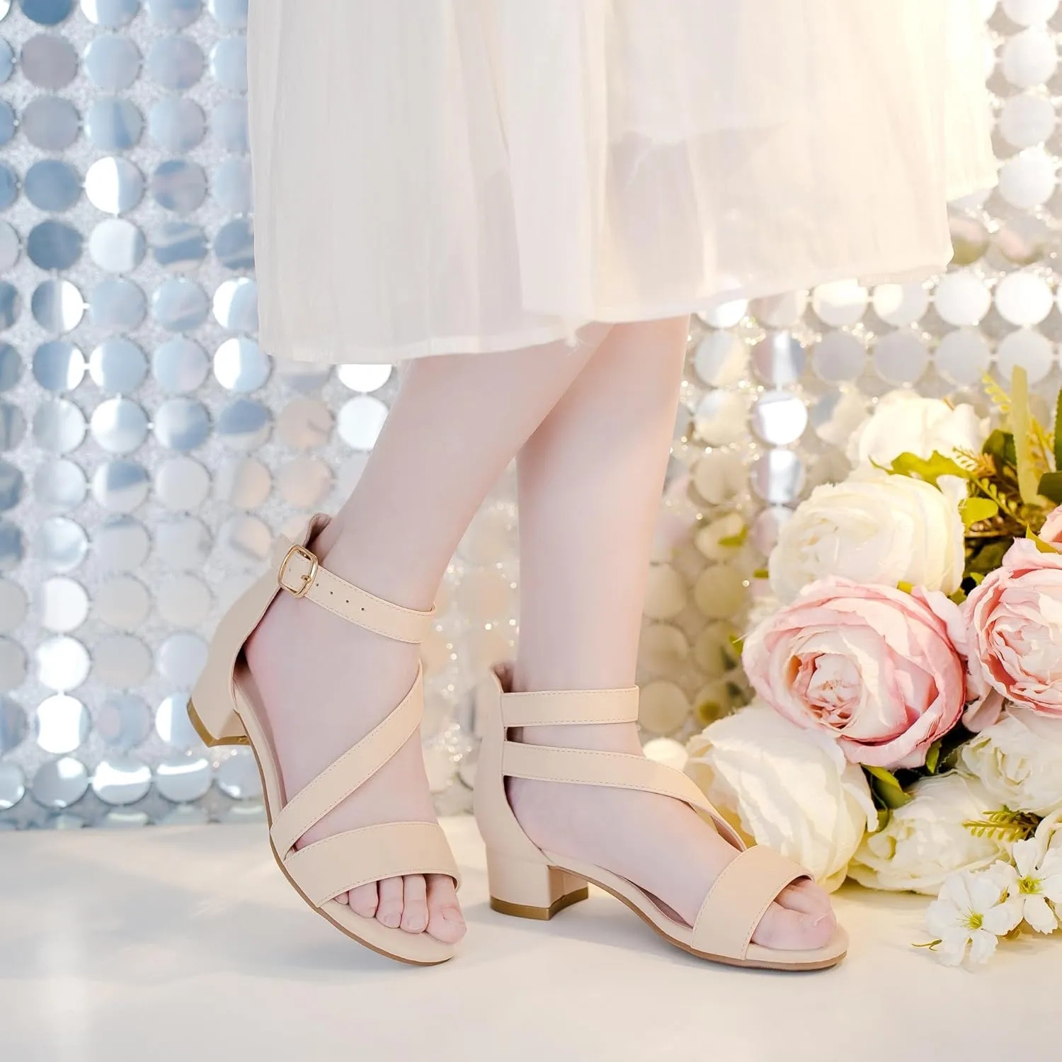 Girls Sandals Kids Heels Open Toe Ankle Strap Dress Shoes Flower Wedding Party for Toddler Little Big Kid