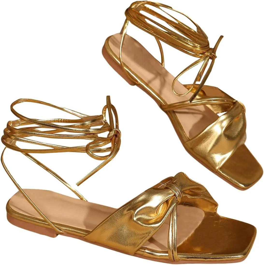 GORGLITTER Women's Bow Lace Up Sandals Gladiator Strappy Flat Sandals Open Toe Beach Slide Sandals