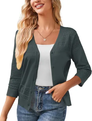 GRACE KARIN Women's 2025 Cropped Cardigan 3/4 Sleeve Lightweight Crochet Shrug Hollowed-Out Knit Sweater Tops