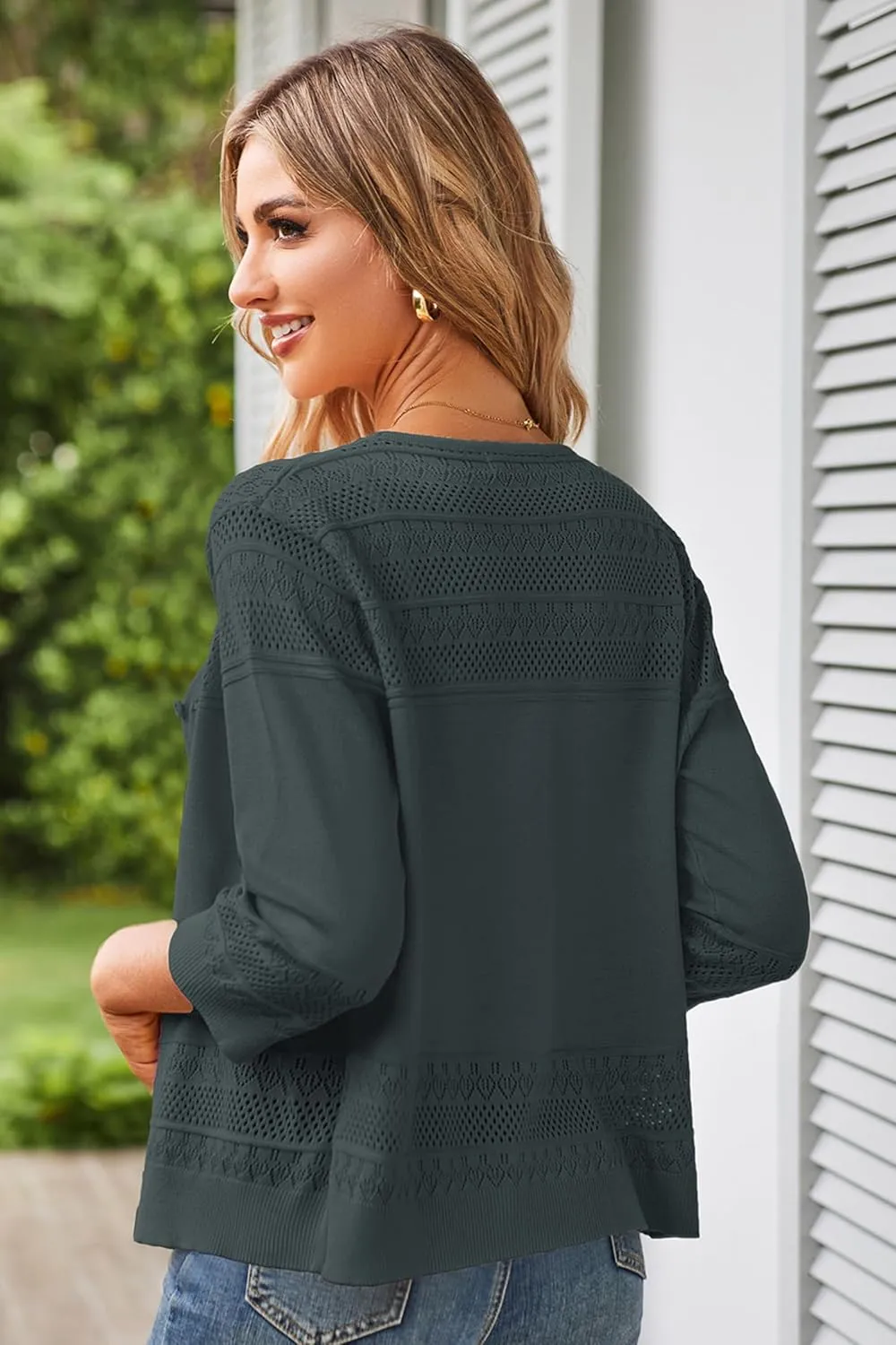 GRACE KARIN Women's 2025 Cropped Cardigan 3/4 Sleeve Lightweight Crochet Shrug Hollowed-Out Knit Sweater Tops