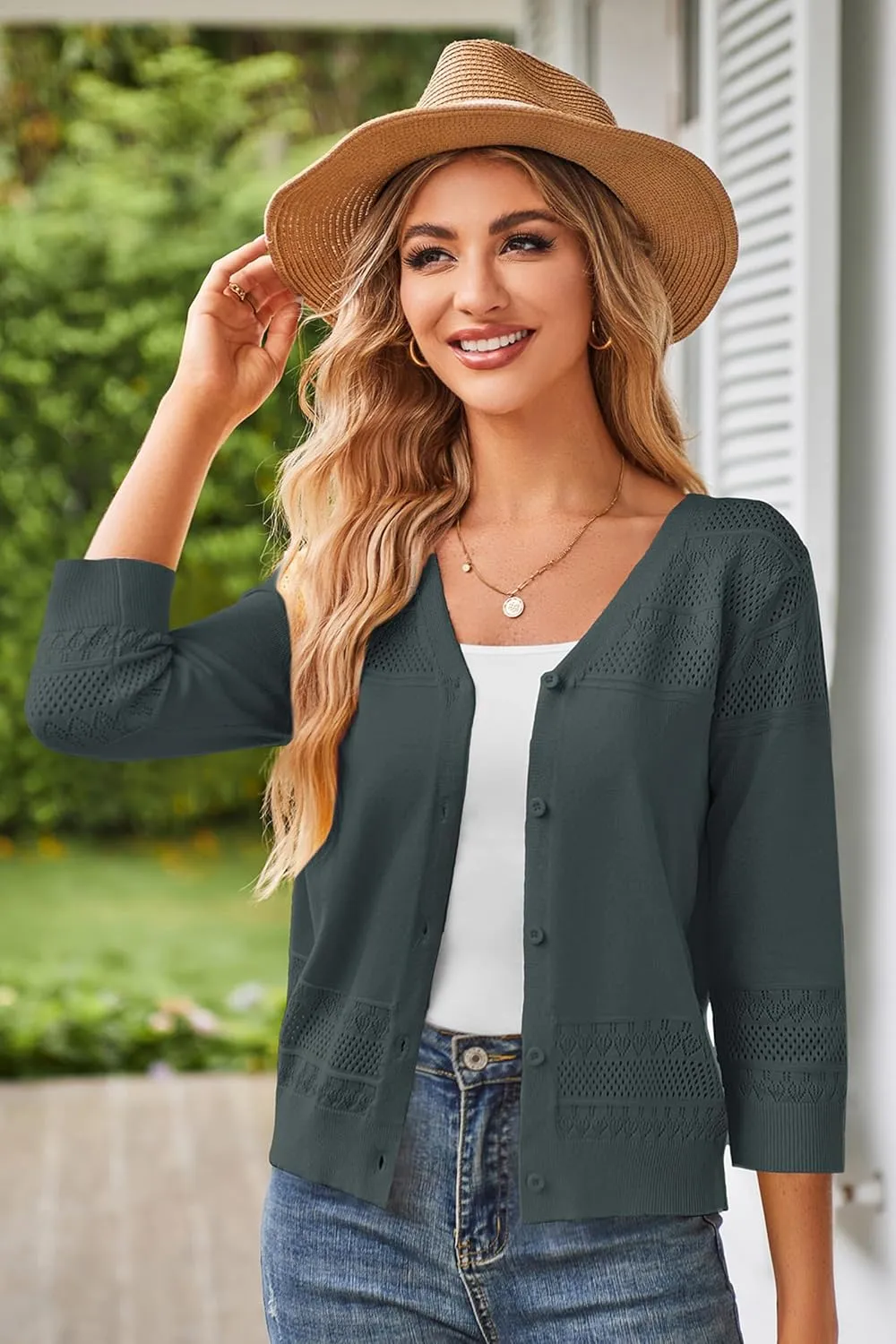 GRACE KARIN Women's 2025 Cropped Cardigan 3/4 Sleeve Lightweight Crochet Shrug Hollowed-Out Knit Sweater Tops