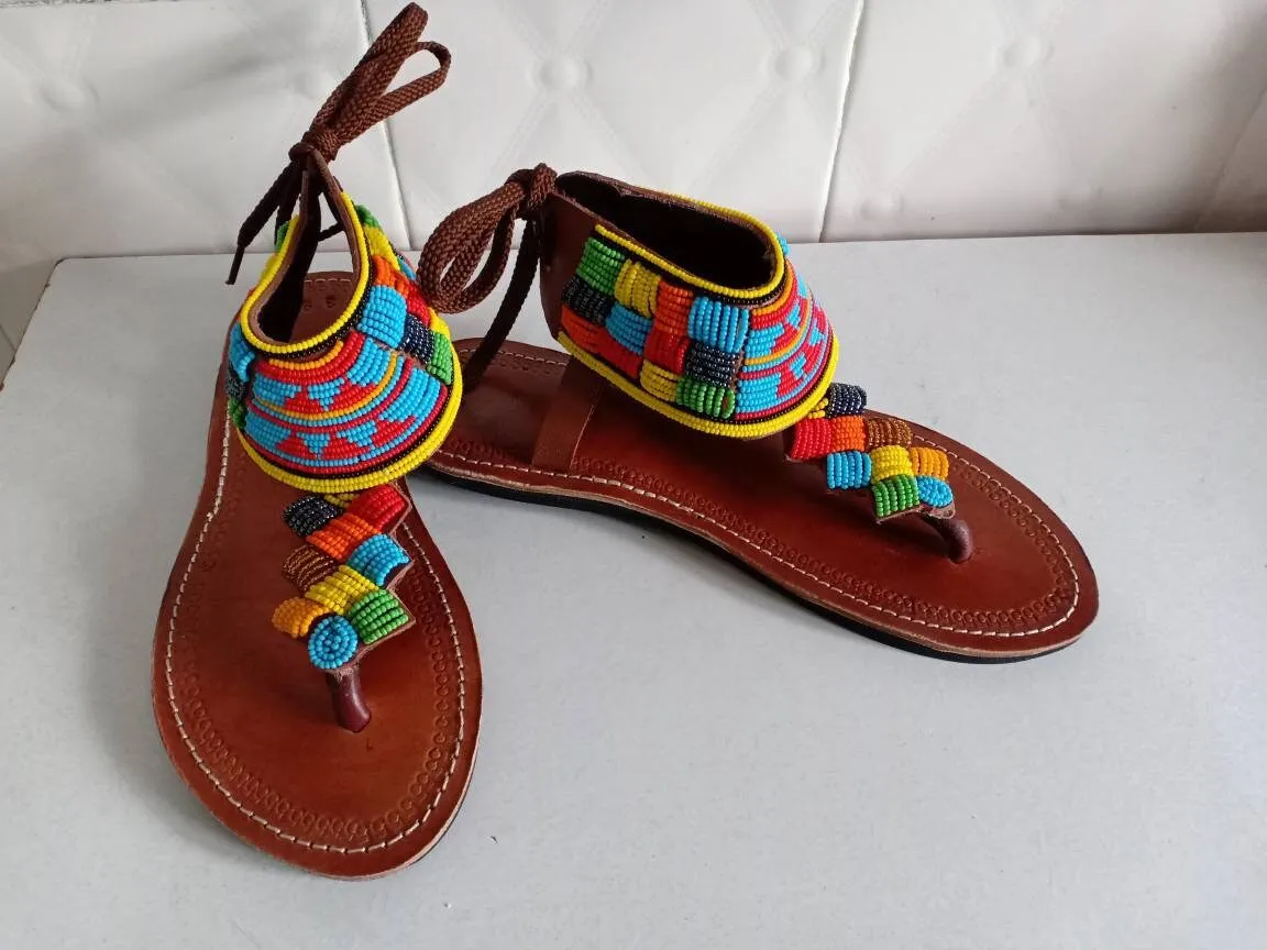 Handmade African Beaded Sandals/Authentic Maasai-Style Leather Flip-Flops Women/Boho Beach Sandals/Comfortable Summer Sandal African Gifts