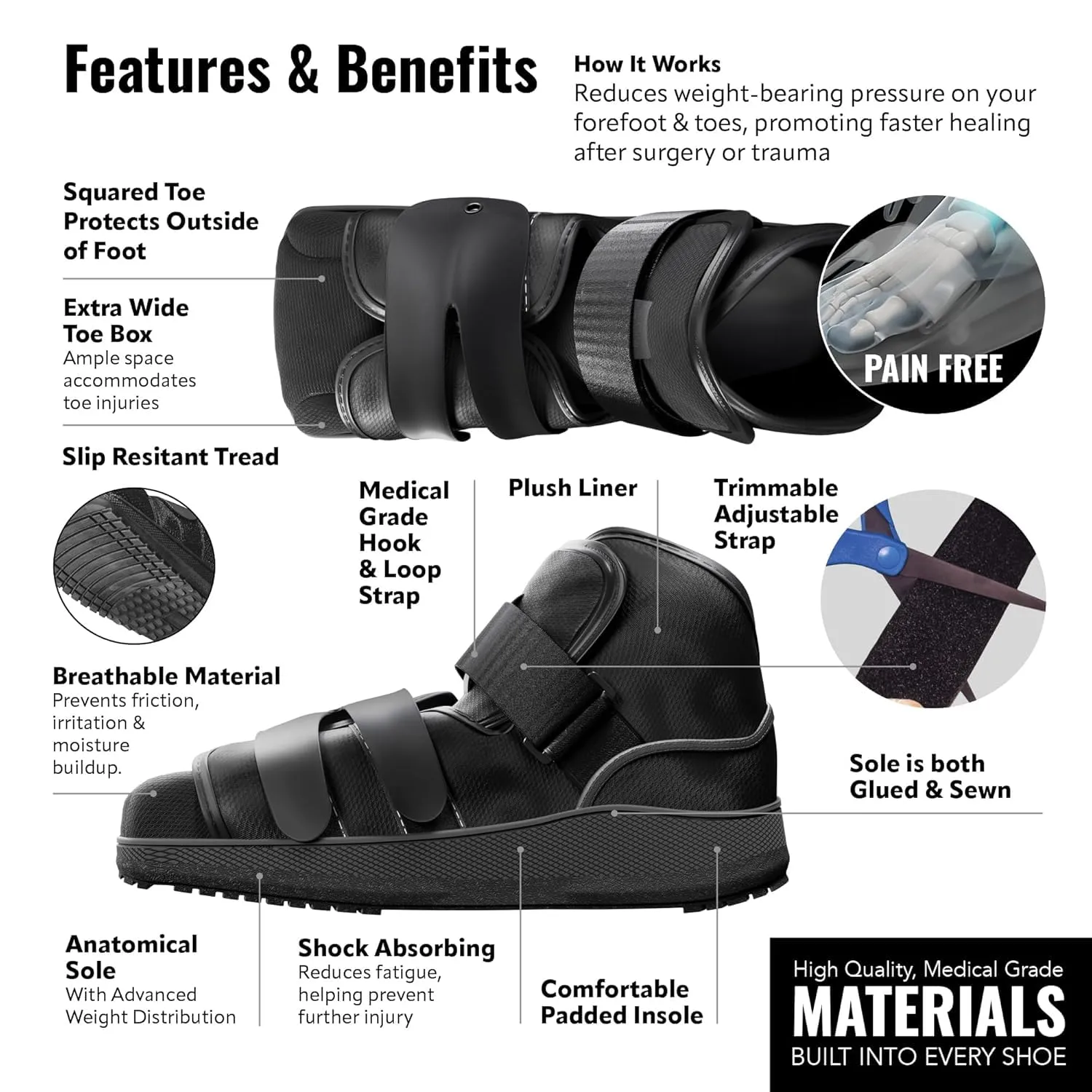 High Medical Shoe Closed Toe, Size XL, Walking Boot & Foot Brace, Post Op/Orthopedic Boot for Injured Foot for Men and Women