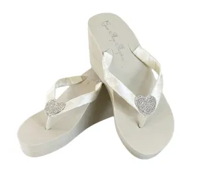 High Wedge Heel Heart Rhinestone Flip Flops, Wedding Sandals or Shoes in White or Ivory