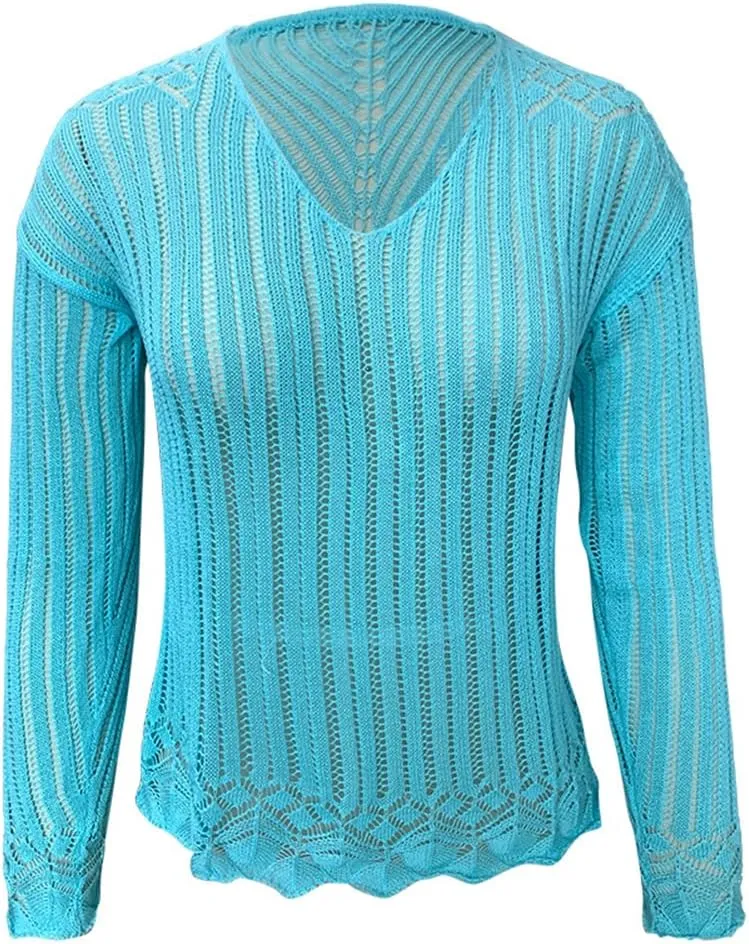 HOULENGS Women's Long Sleeve Sexy Crochet Hollow Out Cover Up V Neck See Through Knit Jumper Tops