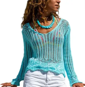HOULENGS Women's Long Sleeve Sexy Crochet Hollow Out Cover Up V Neck See Through Knit Jumper Tops